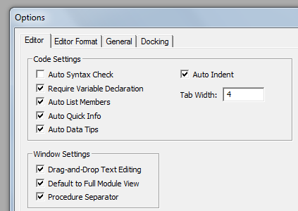 primary excel vba options